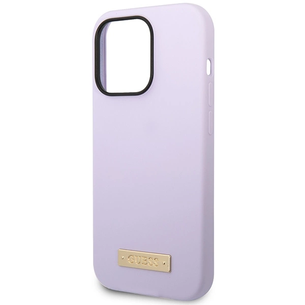Etui Guess Silicone Logo Plate MagSafe na iPhone 14 Pro - fioletowe