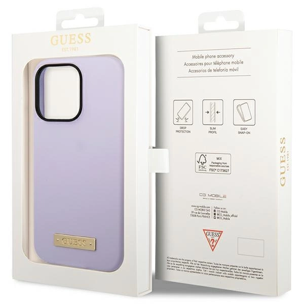 Etui Guess Silicone Logo Plate MagSafe na iPhone 14 Pro - fioletowe