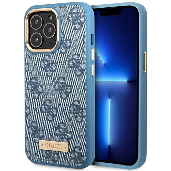 Etui Guess 4G Logo Plate MagSafe na iPhone 14 Pro - niebieskie