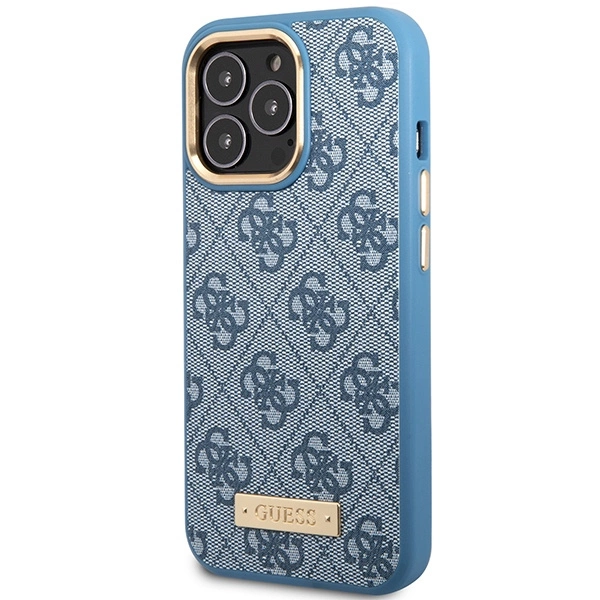 Etui Guess 4G Logo Plate MagSafe na iPhone 14 Pro - niebieskie