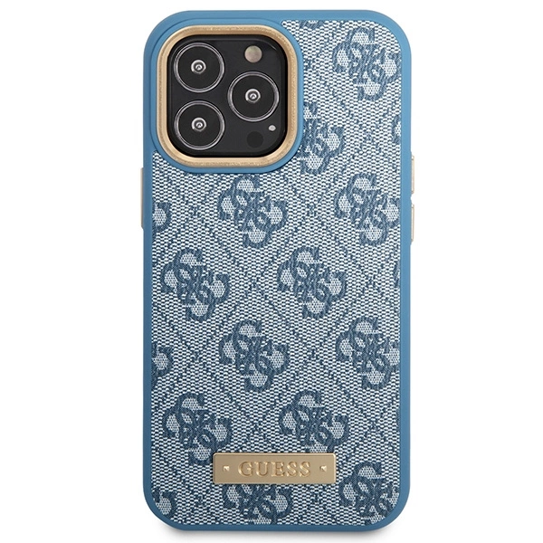 Etui Guess 4G Logo Plate MagSafe na iPhone 14 Pro - niebieskie