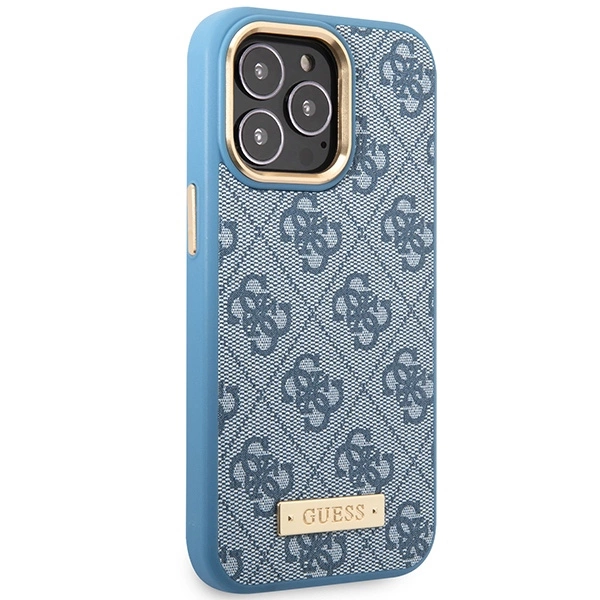 Etui Guess 4G Logo Plate MagSafe na iPhone 14 Pro - niebieskie