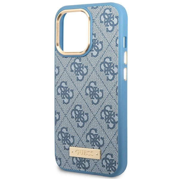 Etui Guess 4G Logo Plate MagSafe na iPhone 14 Pro - niebieskie