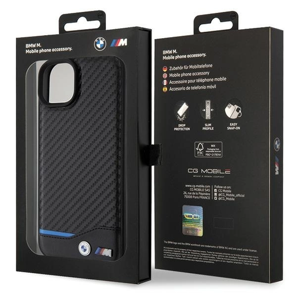 Etui BMW Leather Carbon na iPhone 15 Plus - czarne