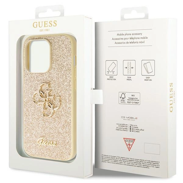 Etui Guess Glitter Script Big 4G na iPhone 14 Pro - złote