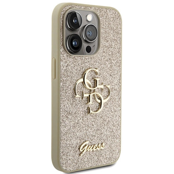 Etui Guess Glitter Script Big 4G na iPhone 15 Pro - złote