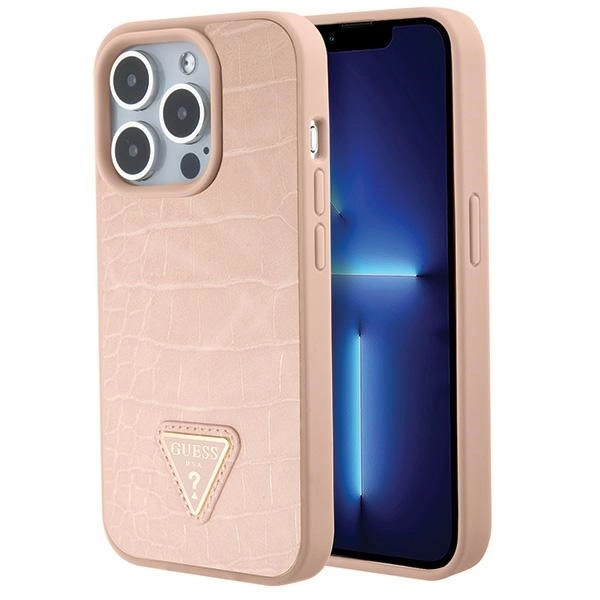 Etui Guess Croco Triangle Metal Logo na iPhone 15 Pro - różowe