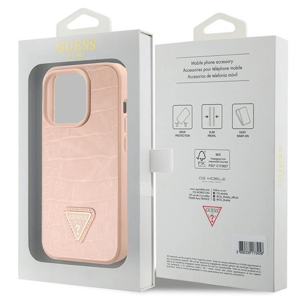 Etui Guess Croco Triangle Metal Logo na iPhone 15 Pro - różowe