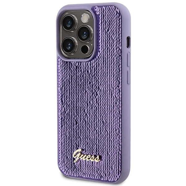 Etui Guess Sequin Script Metal na iPhone 15 Pro - fioletowe