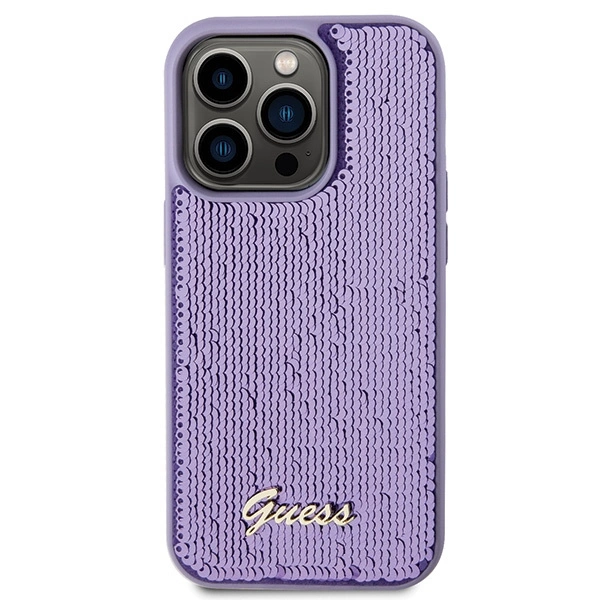 Etui Guess Sequin Script Metal na iPhone 15 Pro - fioletowe