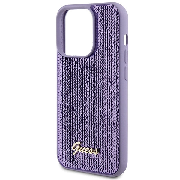 Etui Guess Sequin Script Metal na iPhone 15 Pro - fioletowe