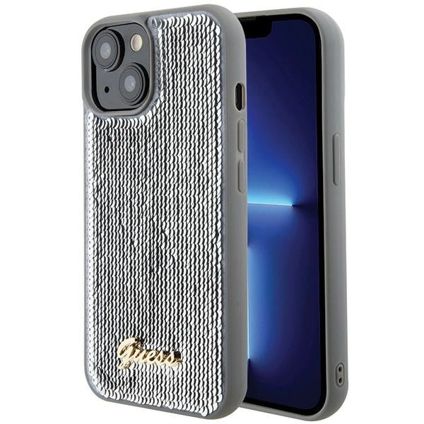 Etui Guess Sequin Script Metal na iPhone 15 - srebrne