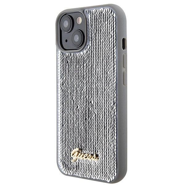 Etui Guess Sequin Script Metal na iPhone 15 - srebrne
