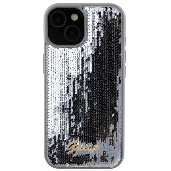 Etui Guess Sequin Script Metal na iPhone 15 - srebrne