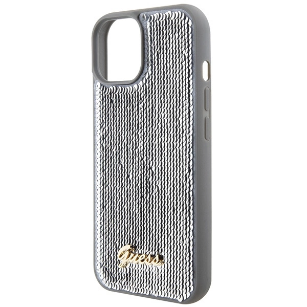 Etui Guess Sequin Script Metal na iPhone 15 - srebrne