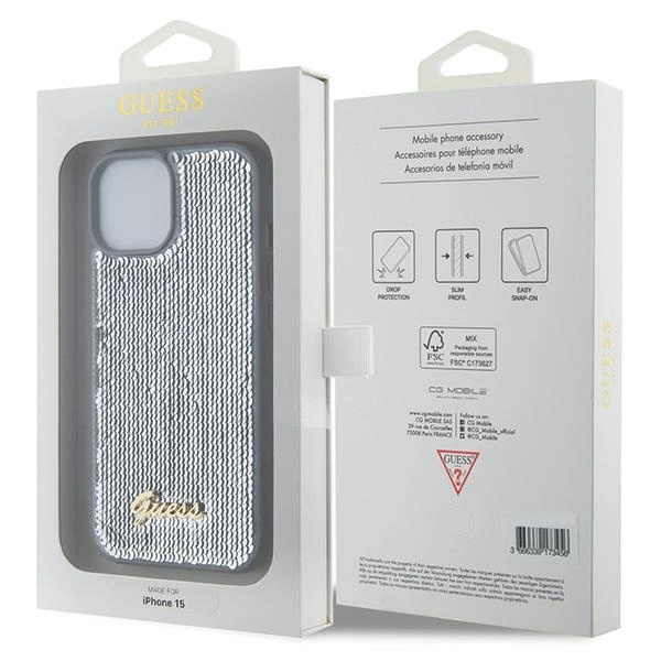 Etui Guess Sequin Script Metal na iPhone 15 - srebrne