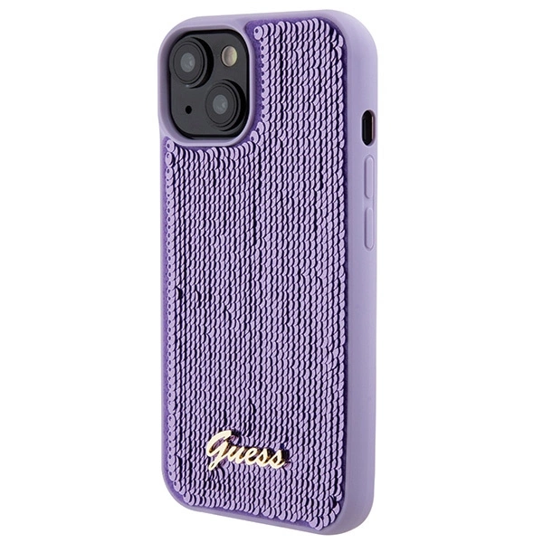 Etui Guess Sequin Script Metal na iPhone 15 - fioletowe
