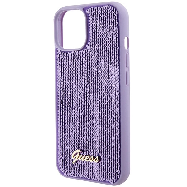 Etui Guess Sequin Script Metal na iPhone 15 - fioletowe
