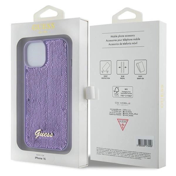 Etui Guess Sequin Script Metal na iPhone 15 - fioletowe