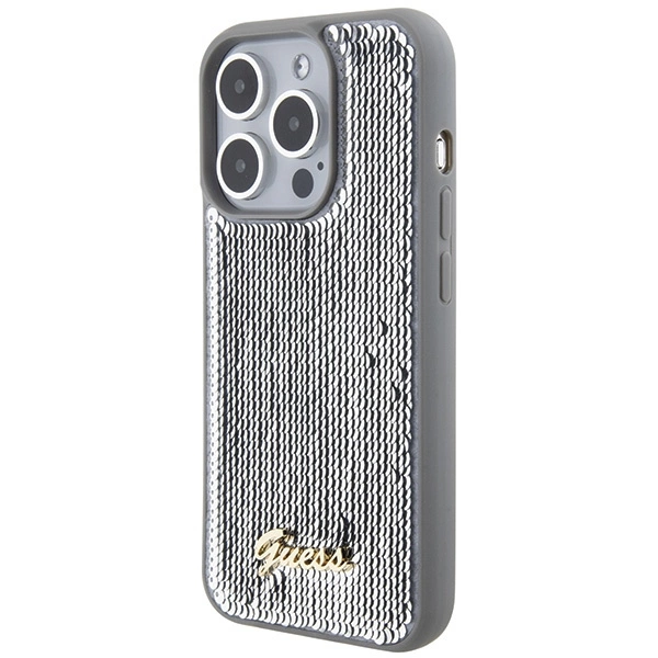 Etui Guess Sequin Script Metal na iPhone 15 Pro Max - srebrne