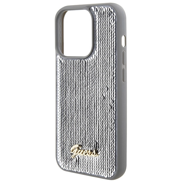 Etui Guess Sequin Script Metal na iPhone 15 Pro Max - srebrne
