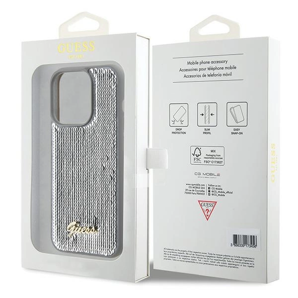 Etui Guess Sequin Script Metal na iPhone 15 Pro Max - srebrne