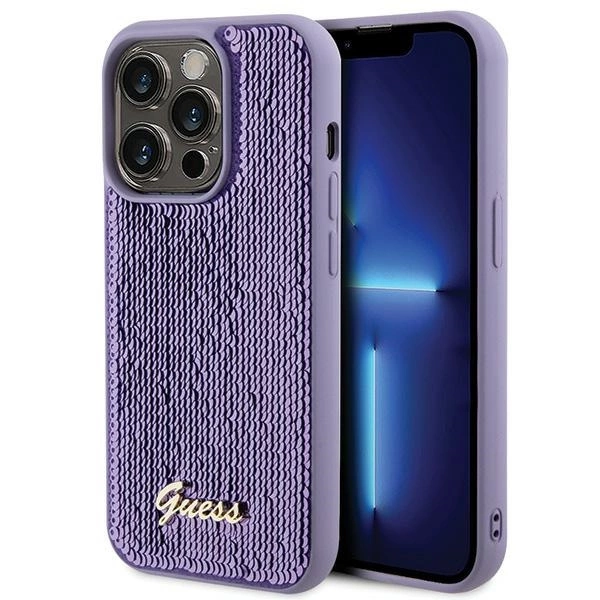 Etui Guess Sequin Script Metal na iPhone 15 Pro Max - fioletowe
