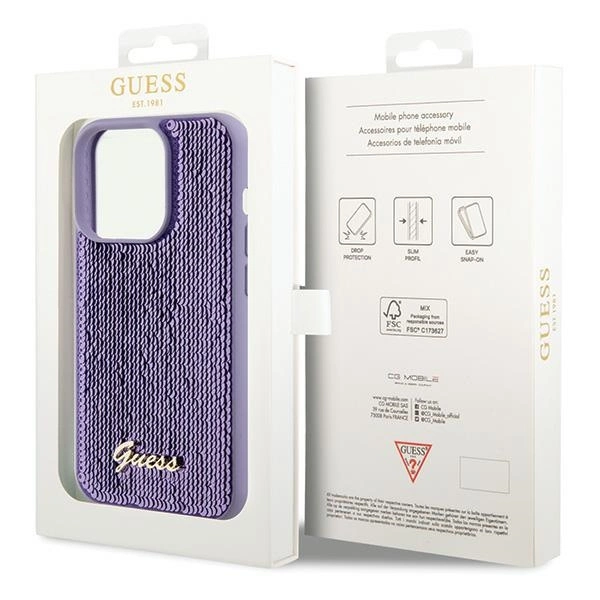 Etui Guess Sequin Script Metal na iPhone 15 Pro Max - fioletowe