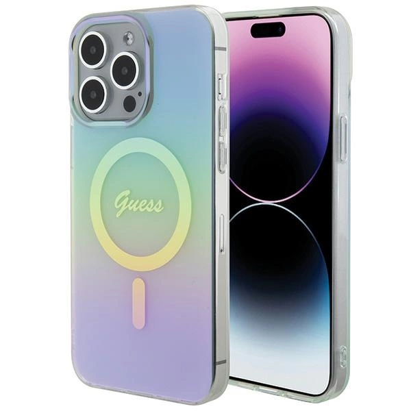 Etui Guess IML Iridescent MagSafe na iPhone 15 Pro - turkusowe