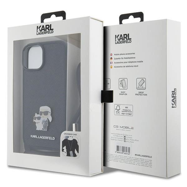 Etui Karl Lagerfeld Crossbody Saffiano Metal Pin Karl&Choupette na iPhone 15 - czarne