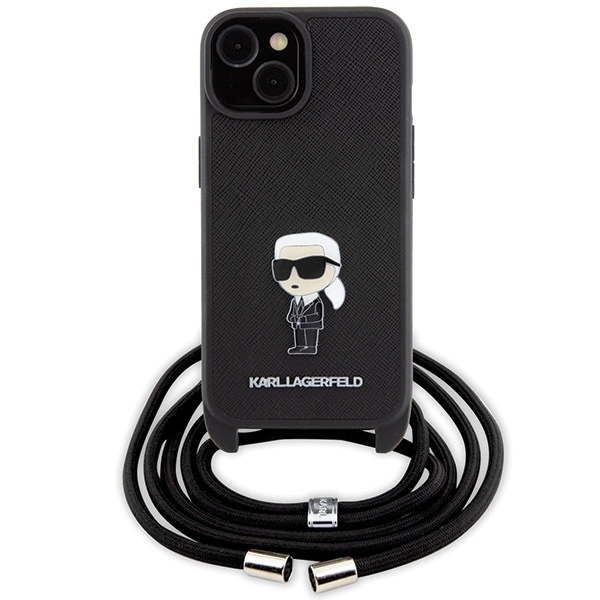 Etui Karl Lagerfeld Crossbody Saffiano Monogram Metal Pin Karl & Choupette na iPhone 15 - czarne