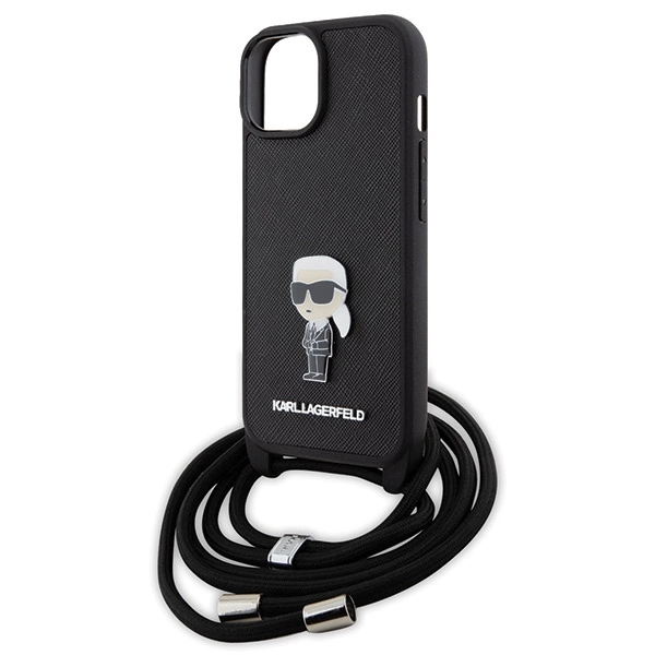 Etui Karl Lagerfeld Crossbody Saffiano Monogram Metal Pin Karl & Choupette na iPhone 15 - czarne