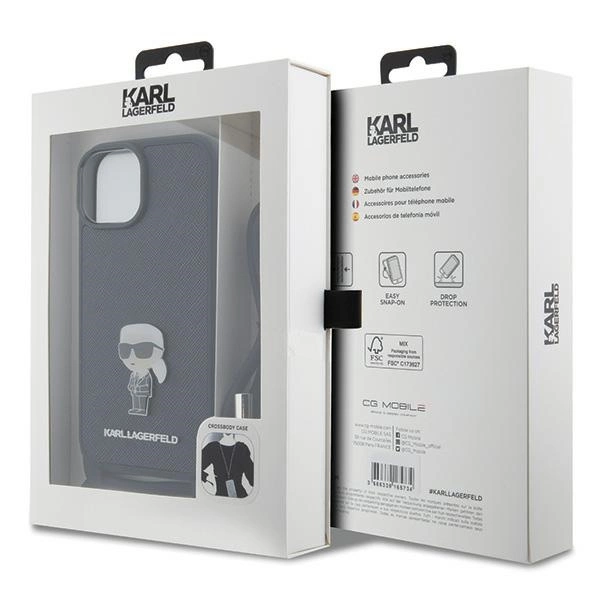 Etui Karl Lagerfeld Crossbody Saffiano Monogram Metal Pin Karl & Choupette na iPhone 15 - czarne