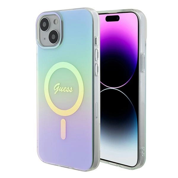 Etui Guess IML Iridescent MagSafe do iPhone 15 Plus - turkusowe