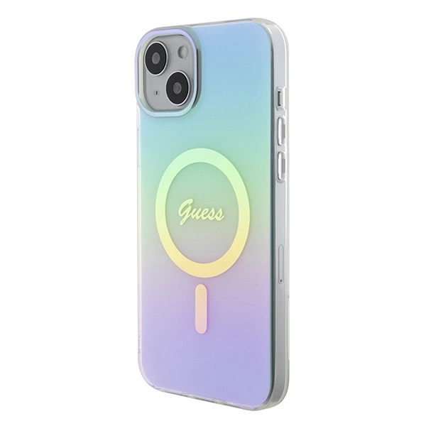 Etui Guess IML Iridescent MagSafe do iPhone 15 Plus - turkusowe