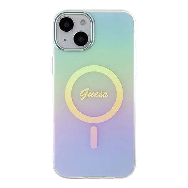 Etui Guess IML Iridescent MagSafe do iPhone 15 Plus - turkusowe