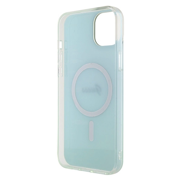 Etui Guess IML Iridescent MagSafe do iPhone 15 Plus - turkusowe
