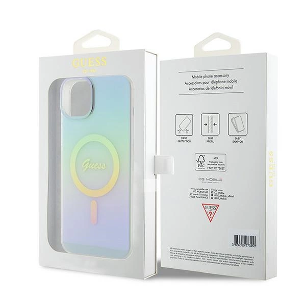 Etui Guess IML Iridescent MagSafe do iPhone 15 Plus - turkusowe