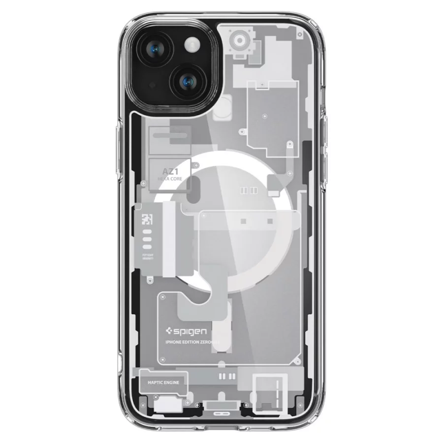 Etui Spigen Ultra Hybrid Mag z MagSafe na iPhone 15 Plus - białe (wzór Zero One)