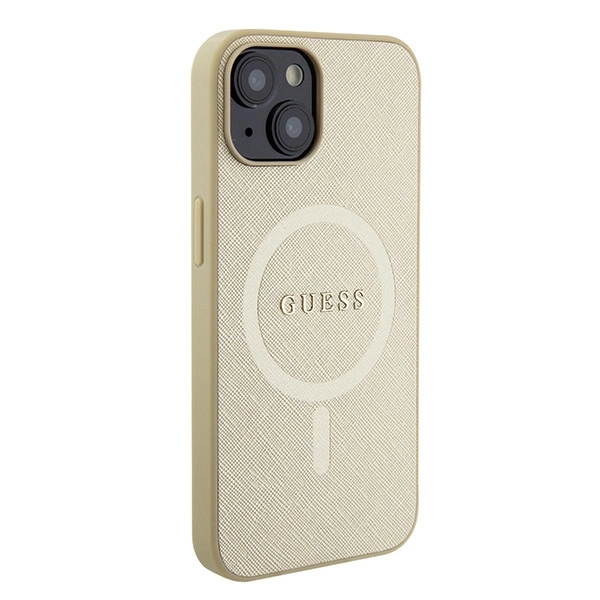 Etui Guess Saffiano MagSafe do iPhone 15 Plus - złote