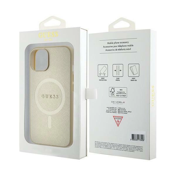 Etui Guess Saffiano MagSafe do iPhone 15 Plus - złote
