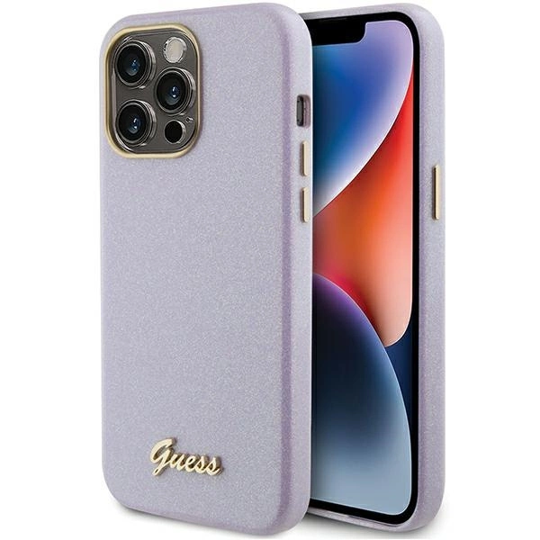 Etui Guess Glitter Glossy Script do iPhone 15 Pro - liliowe