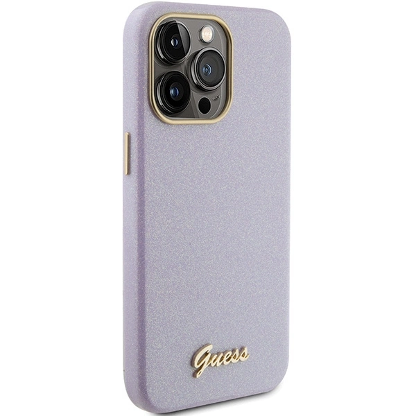 Etui Guess Glitter Glossy Script do iPhone 15 Pro - liliowe