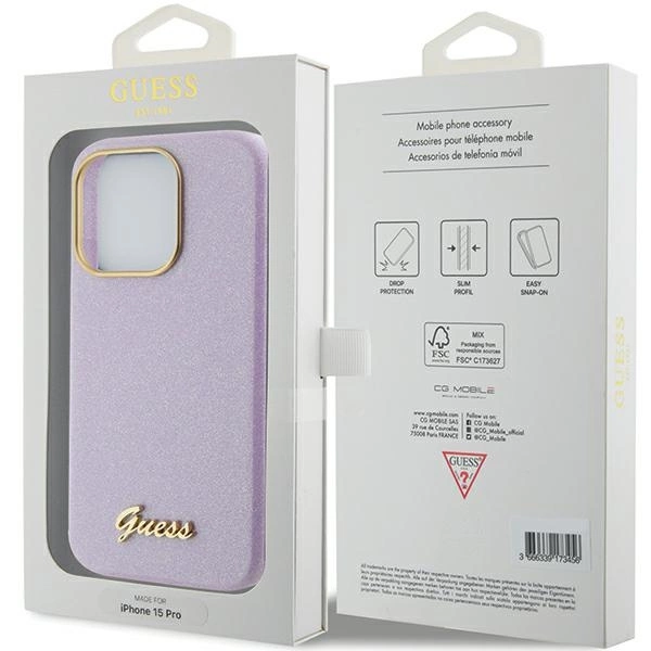 Etui Guess Glitter Glossy Script do iPhone 15 Pro - liliowe