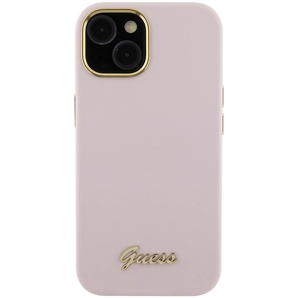 Etui Guess Silicone Script Metal Logo & Frame do iPhone 15 - różowe