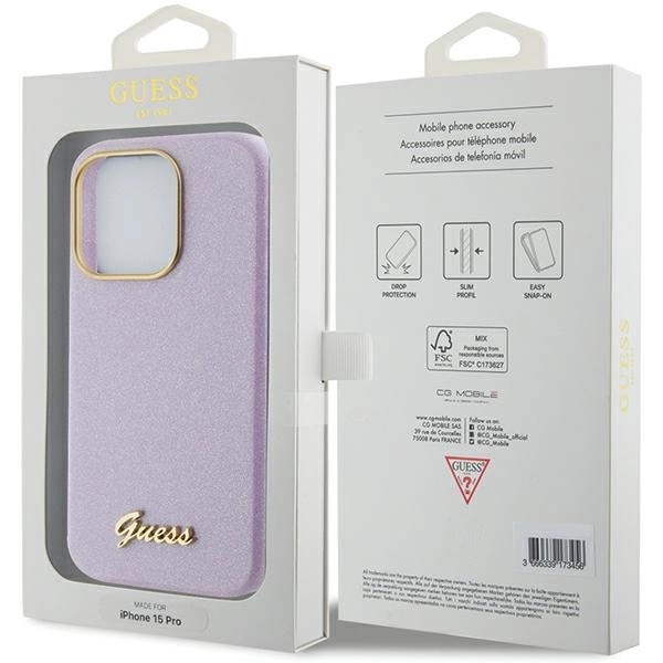 Etui Guess Glitter Glossy Script do iPhone 15 Pro Max - liliowe