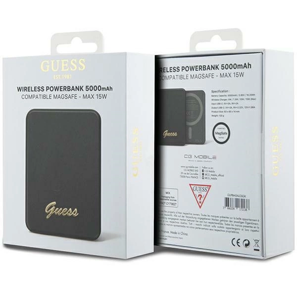 Powerbank indukcyjny Guess MagSafe Metal Script Logo 15W 5000mAh - czarny