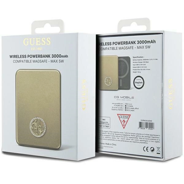 Powerbank indukcyjny Guess MagSafe 4G Strassed Metal Logo 5W 3000mAh - złoty