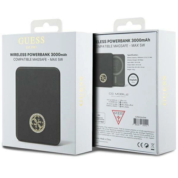 Powerbank indukcyjny Guess MagSafe 4G Strassed Metal Logo 5W 3000mAh - czarny