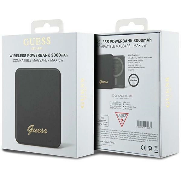 Powerbank indukcyjny Guess MagSafe Metal Script Logo 5W 3000mAh - czarny